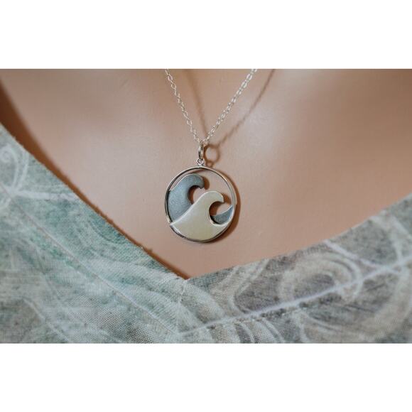 Sterling Silver Double Wave Charm Necklace, Large Ocean Wave Pendant Necklace